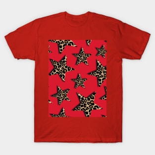 Leopard Print, Stars, on Red T-Shirt